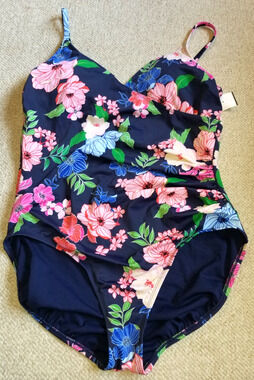 NWT $89 Womens Swim Suit-LIZ CLAIBORNE-blue/pink 'Prescott Floral' one piece-16